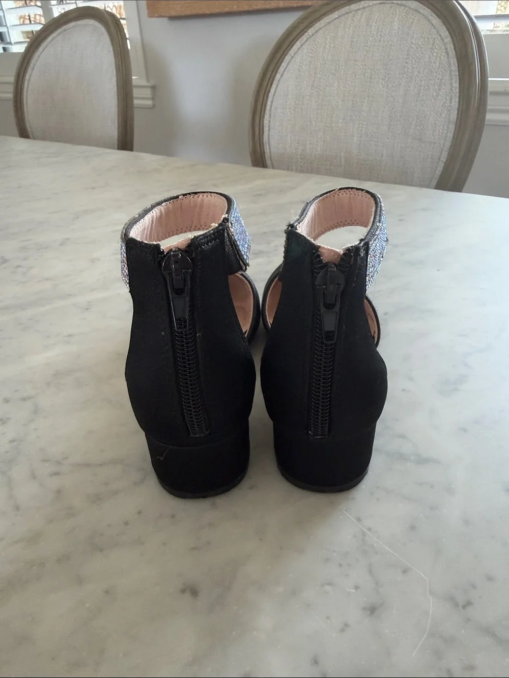 Black Ankle-Strap Flats with Rhinestone Trim